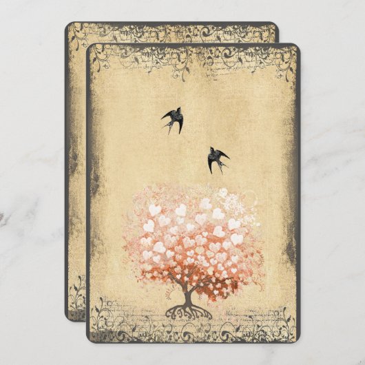 ハートリーフコーラルピーチブドツリーラブバード結婚ズ 招待状 (正面/裏面)