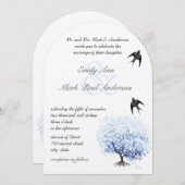 ハートリーフソフトパウダーブルーツリーヴィンテージ鳥 招待状 (正面/裏面)