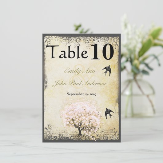 ハートリーフピンクの木のヴィンテージの結婚鳥 招待状 (スタンド正面)