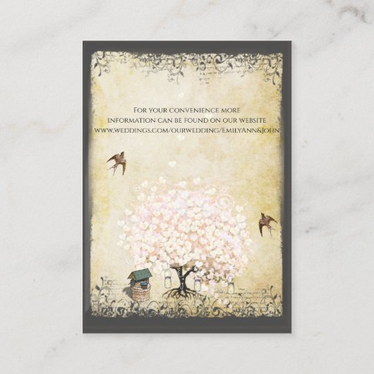 ハートリーフピンクの木のヴィンテージウィングウェル結婚ズ エンクロージャーカード (裏面)