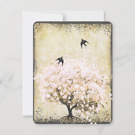 ハートリーフピンクの木のヴィンテージ鳥の日付を保存 セーブザデート (裏面)