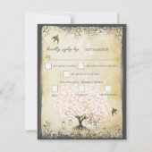 ハートリーフピンクの木のヴィンテージ鳥の結婚式RSVP 出欠カード (正面)