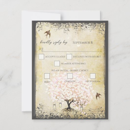 ハートリーフピンクの木のヴィンテージ鳥の結婚式RSVP 出欠カード (正面)