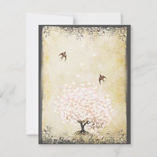 ハートリーフピンクの木のヴィンテージ鳥の結婚式RSVP 出欠カード (裏面)