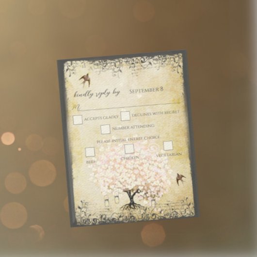 ハートリーフピンクの木のヴィンテージ鳥の結婚式RSVP 出欠カード