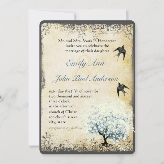 ハートリーフブルーツリーヴィンテージバードパールパーチメント 招待状 (裏面)