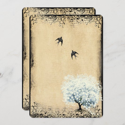 ハートリーフブルーツリーヴィンテージ鳥パーチフェイクメント 招待状 (正面/裏面)