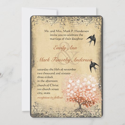 ハートリーフライトコーラルツリーヴィンテージ鳥の結婚式 招待状 (裏面)