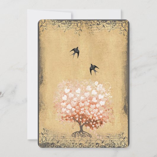 ハートリーフライトコーラルツリーヴィンテージ鳥の結婚式 招待状 (正面)