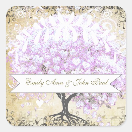 ハートリーフラベンダーツリーヴィンテージバ結婚ードズ スクエアシール (正面)