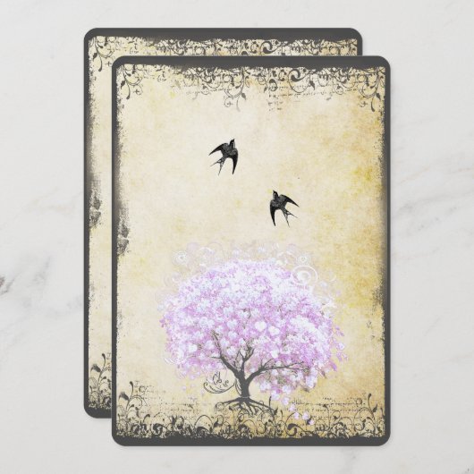 ハートリーフラベンダーツリーヴィンテージバ結婚ードズ 招待状 (正面/裏面)