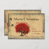 ハートリーフレッドツリーヴィンテージバードクリスマス 招待状 (正面/裏面)