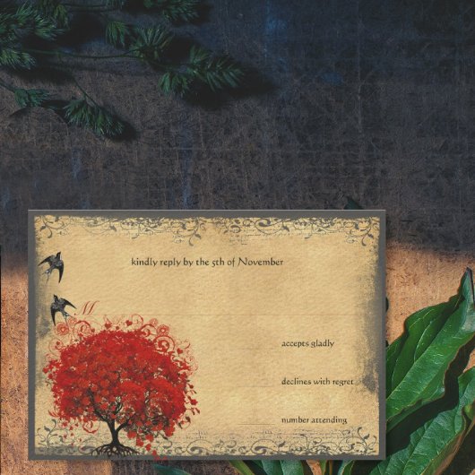 ハートリーフレッドツリーヴィンテージ鳥の結婚式RSVP 出欠カード