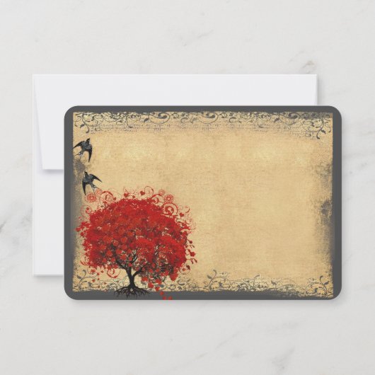 ハートリーフレッドツリーヴィンテージ鳥の結婚式RSVP 出欠カード (裏面)