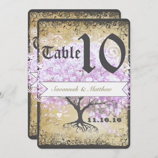 ハートリーフ ラベンダー ツリー ヴィンテージ 鳥 ウェディング 招待状 (正面/裏面)