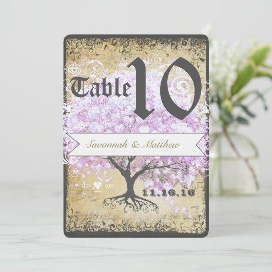 ハートリーフ ラベンダー ツリー ヴィンテージ 鳥 ウェディング 招待状 (スタンド正面)