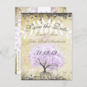 ハートリーフ ラベンダー ツリー ヴィンテージ 鳥 ウェディング 案内ポストカード (正面/裏面)