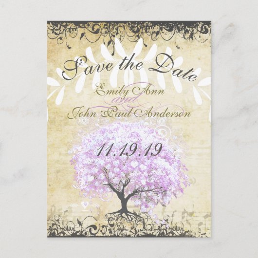 ハートリーフ ラベンダー ツリー ヴィンテージ 鳥 ウェディング 案内ポストカード (正面)