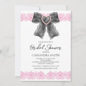 ハートレースリボンブラックボウブライダルシャワー 招待状 (正面)