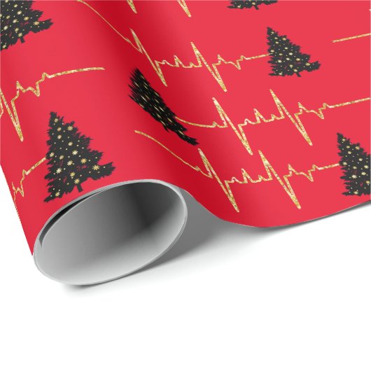 ハートレートとクリスマスツリーのギフトラップ ラッピングペーパー (ロールコーナー)