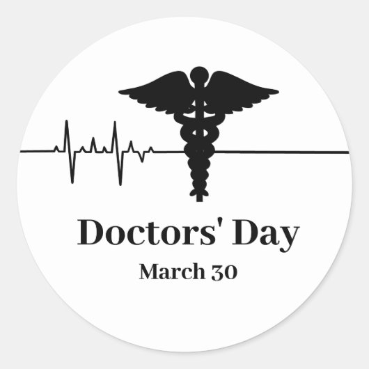 ハートレート&カドゥセウス医師名タグステッカー ラウンドシール (正面)