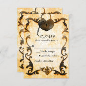 ハートロックおよび鍵ヴィンテージアンティークRSVPカード 出欠カード (正面/裏面)