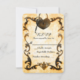 ハートロックおよび鍵ヴィンテージアンティークRSVPカード 出欠カード