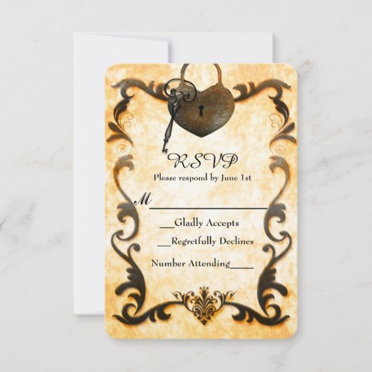 ハートロックおよび鍵ヴィンテージアンティークRSVPカード 出欠カード (正面)