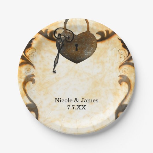 ハートロックおよび鍵ヴィンテージ結婚アンティークのプレート ペーパープレート (正面)