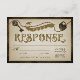 ハートロックとスケルトン鍵ウェディングRSVPカード 出欠カード