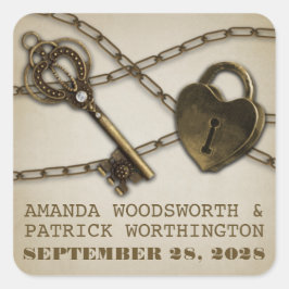ハートロックとスケルトン鍵結婚式の引き出物シール スクエアシール
