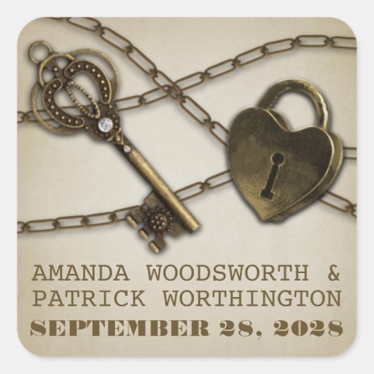 ハートロックとスケルトン鍵結婚式の引き出物シール スクエアシール (正面)
