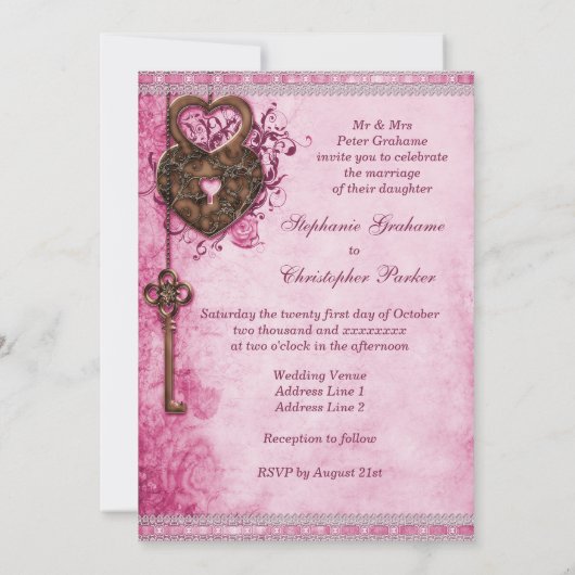 ハートロックと鍵ピンク結婚ズ 招待状 (裏面)