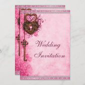 ハートロックアンドキー ピンクウェディング 招待状 (正面/裏面)