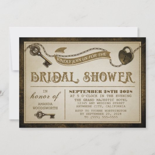 ハートロックスケルトン鍵ブライダルシャワー招待状 招待状 (正面)