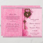 ハートロック鍵ピンク結婚の式プログラム (正面/裏面)