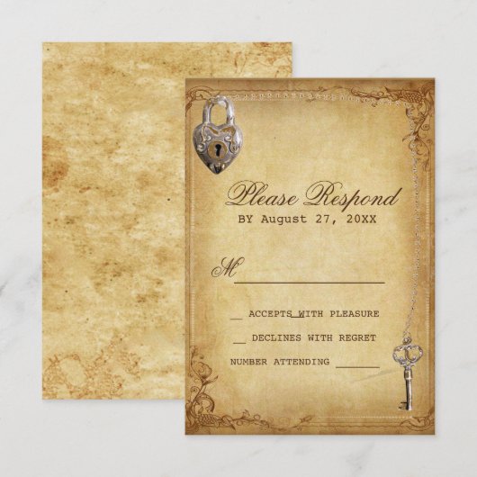 ハートロック&キー ヴィンテージ結婚式 スケルトンキー 出欠カード (正面/裏面)