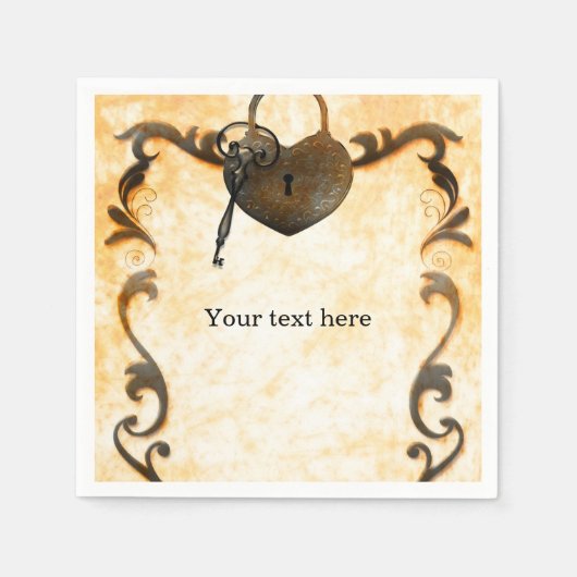ハートロック&鍵ヴィンテージアンティークナプキンス スタンダードカクテルナプキン (正面)