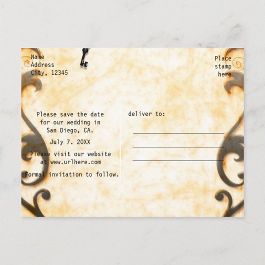 ハートロック&鍵ヴィンテージ日付はがきを保存 案内ポストカード (裏面)