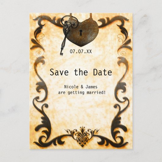 ハートロック&鍵ヴィンテージ日付はがきを保存 案内ポストカード (正面)