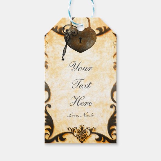 ハートロック&鍵ヴィンテージ素朴の結婚ギフトラベル ギフトタグ (正面)