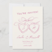 ハートロッケットキュートモダンモノグラムピンクボウ結婚ズ セーブザデート (正面)