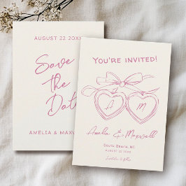 ハートロッケットキュートモダンモノグラムピンクボウ結婚ズ セーブザデート