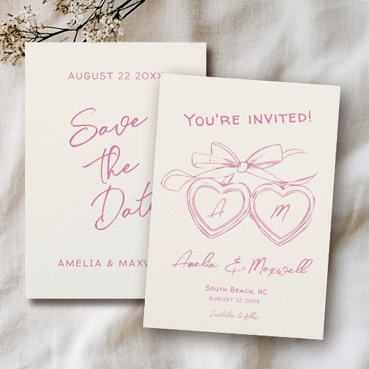 ハートロッケットキュートモダンモノグラムピンクボウ結婚ズ セーブザデート