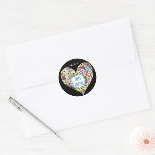 ハートワイルドフラワーウェディング日付シールを保存 ラウンドシール (封筒)