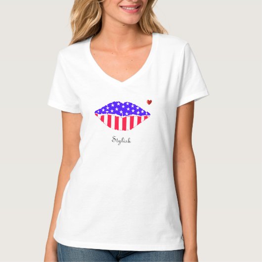 ハート付きおしゃれアメリカ国旗リップ Tシャツ (正面)