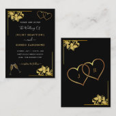 ハート付きブラックゴールドの結婚式招待状の例 ノートカード (正面/裏面)