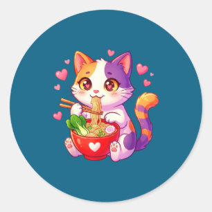 ハート付きラーメンを食べるかわいいアニメ猫 笑えるバレンタイングッズ ラウンドシール