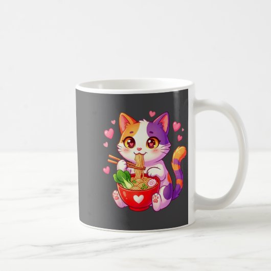 ハート付きラーメンを食べるアニメの猫 可愛いV コーヒーマグカップ (右)