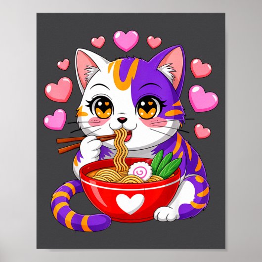 ハート付きラーメンを食べるアニメの猫 可愛いV ポスター (正面)